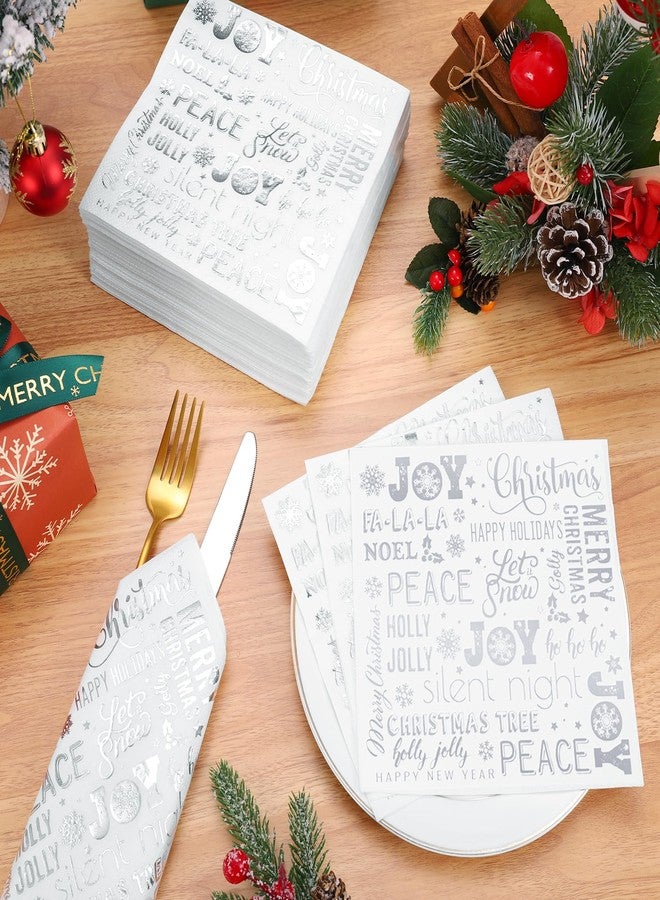 Whaline 100Pcs Christmas Paper Napkin Silver Foil Joy Holly Jolly Disposable Luncheon Napkins Xmas Dinner Dessert Napkins for Winter New Year Party Supplies Table Decor - Image 4